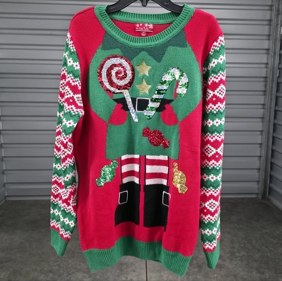 M To Be Jolly Flip Sequin Candy Elf Ugly Christmas XMAS Sweater - Picture 3 of 5